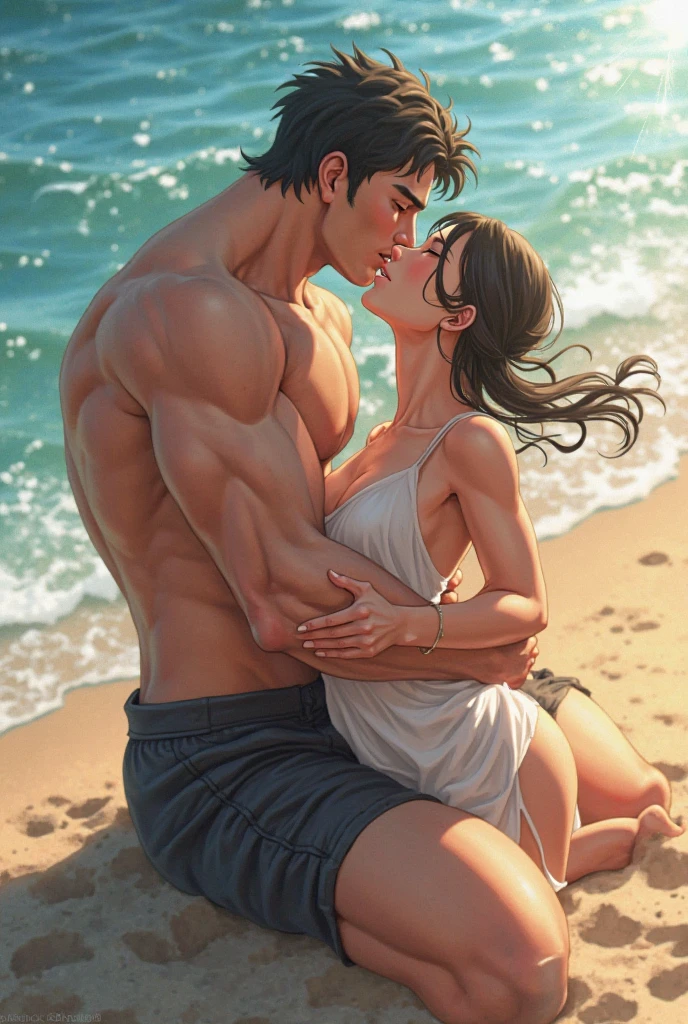 A big giant wolf with wolf eyes and muscular physiques wolf and abs and black hairy skinned wolf, jungle and river background, completely naked wolf, lifting that woman from behind and kissing her neck, taller and bigger than her, a beautiful woman, Carla Yeager, Long black hair , completely naked, showing nipples and pussy, massive giant sized naked breast, thigh legs, cleavage, naked body, brown colour eyes, ultra realistic detailed shiny black eyes, beautiful and perfect face, sunlight and garden background, black hair, hair over shoulder, black colour eyes,