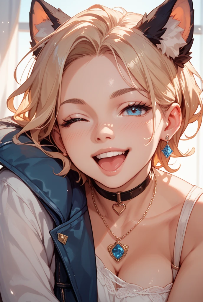 Photo of beautiful jpn-gyaru, masterpiece, 1 girl,  girl with blonde bob hair and blue eyes, (blonde bob hair: 1.2), big breasts, smile, (bunny ears headband:1.3),headphones, (sorceress,  enchantress:1.4),