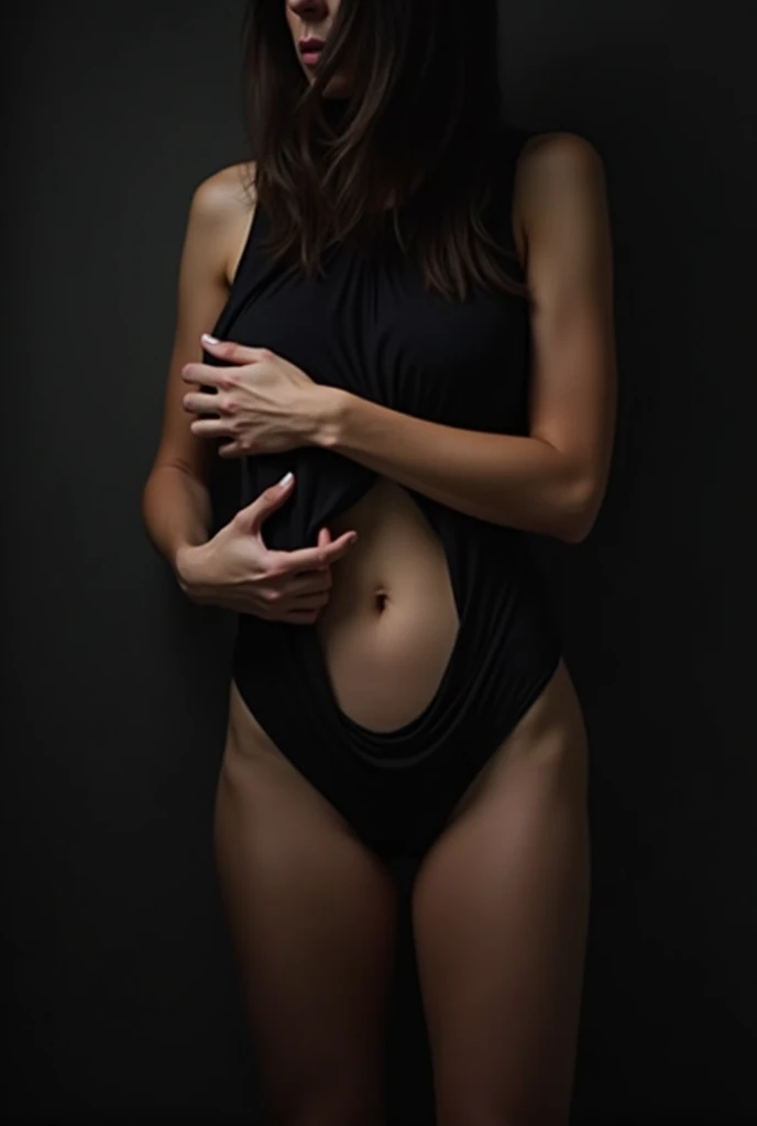 A woman without clothes with her legs open putting a finger in her vagina