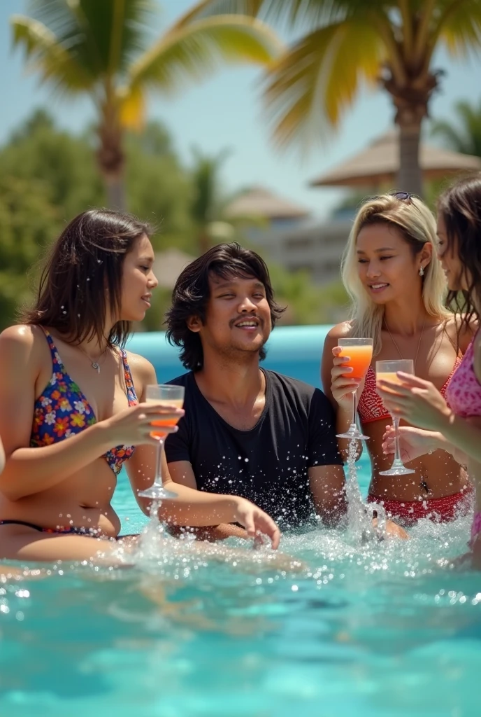 Festa pool party, colorful balloon money, happiness, gold jewelry and drinks 