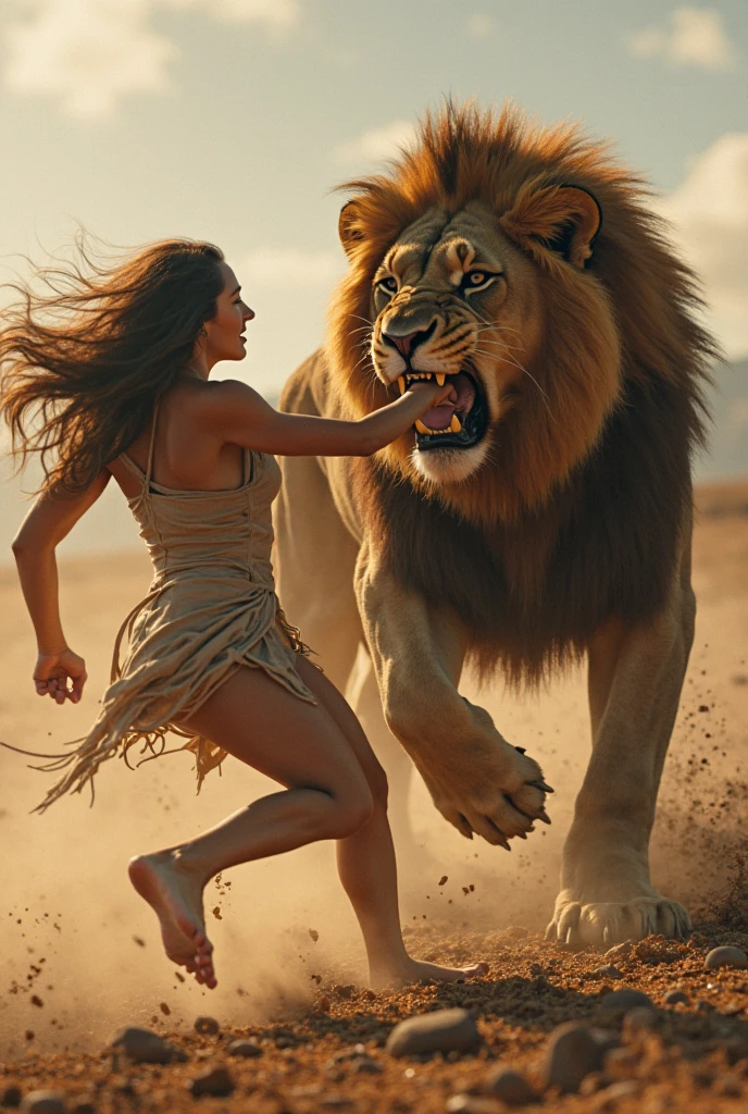 Create a realistic beautiful woman with perfect details running from a furious lion. The environment around her has destroyed buildings on fire.