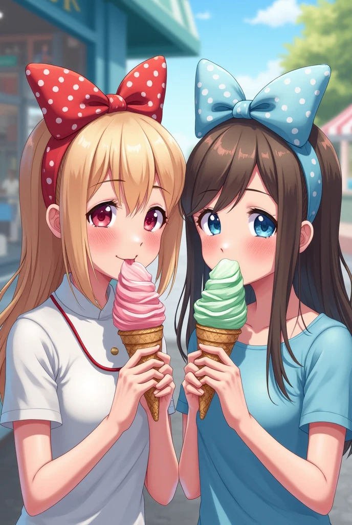 Highest quality、High resolution、Detailed Background、(Beautiful face in every detail:1.4)、Anatomically correct、Normal number of fingers、(Detailed eyes:1.2)、Teenage Girl、Highly detailed face、cute hair color、Braided bob cut、Braided Ponytail、Cute gestures、Park bench、Cowboy Shot、
(Two beautiful girls eating ice cream enthusiastically in the park:1.5)、
Hot summer day、My daughter has a red ice cream in her hand、Pop it into your mouth、Love the sweet and sour taste、Desperately licking to eat quickly、
Don't melt in a hurry、The sight of people stuffing their cheeks with each bite、Occasionally sticking out his tongue、Lick the rest of the ice cream、
With big eyes showing joy、The sight of him eating with fascination、cute