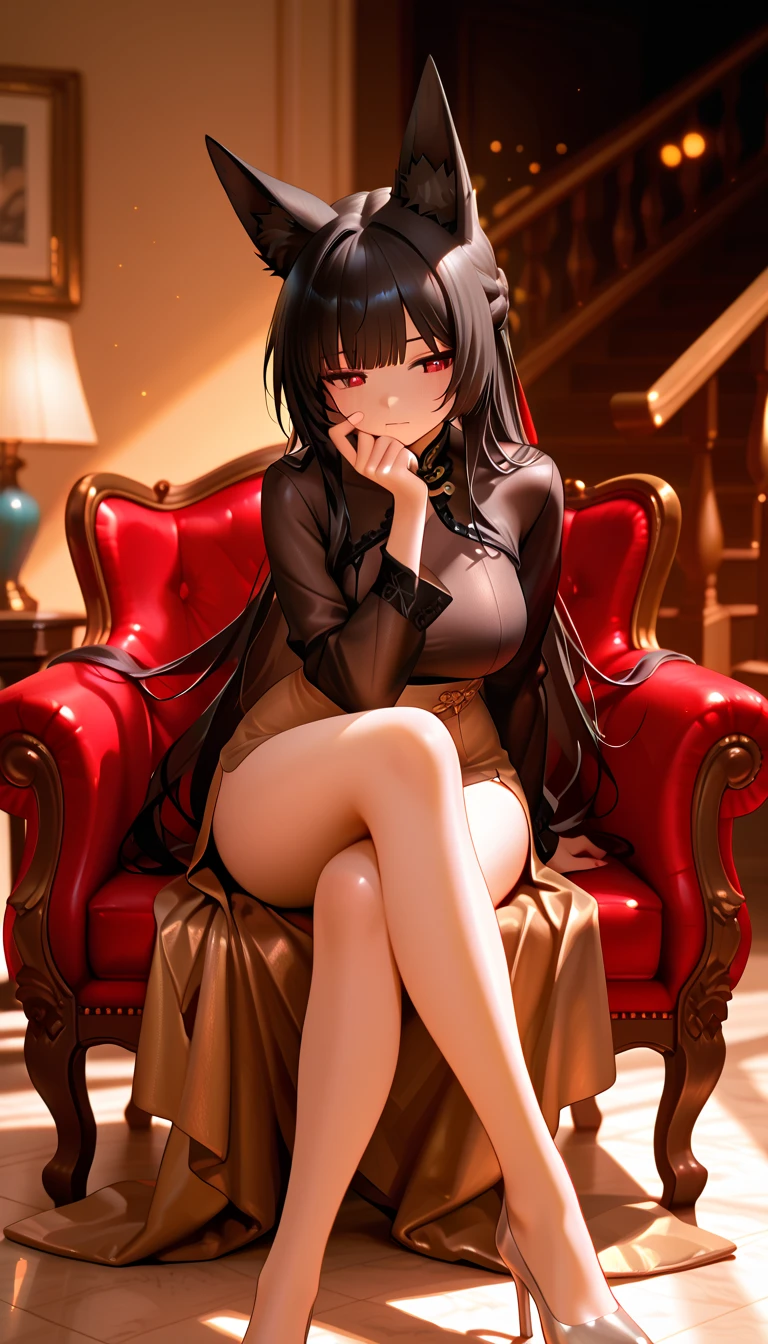 Sitting facing the camera
Position: Sitting facing the camera, one leg crossed over the other
Hands: One hand on the ankle, the other on the thigh
Legs: The leg crossed over reveals the thigh
Eyes: Looking directly at the audience
Facial expression: Smiling seductively and defiantly