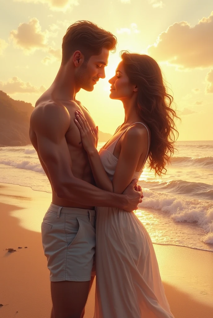 Couple , white man, tall, muscular, asian woman, sexy dress, beach