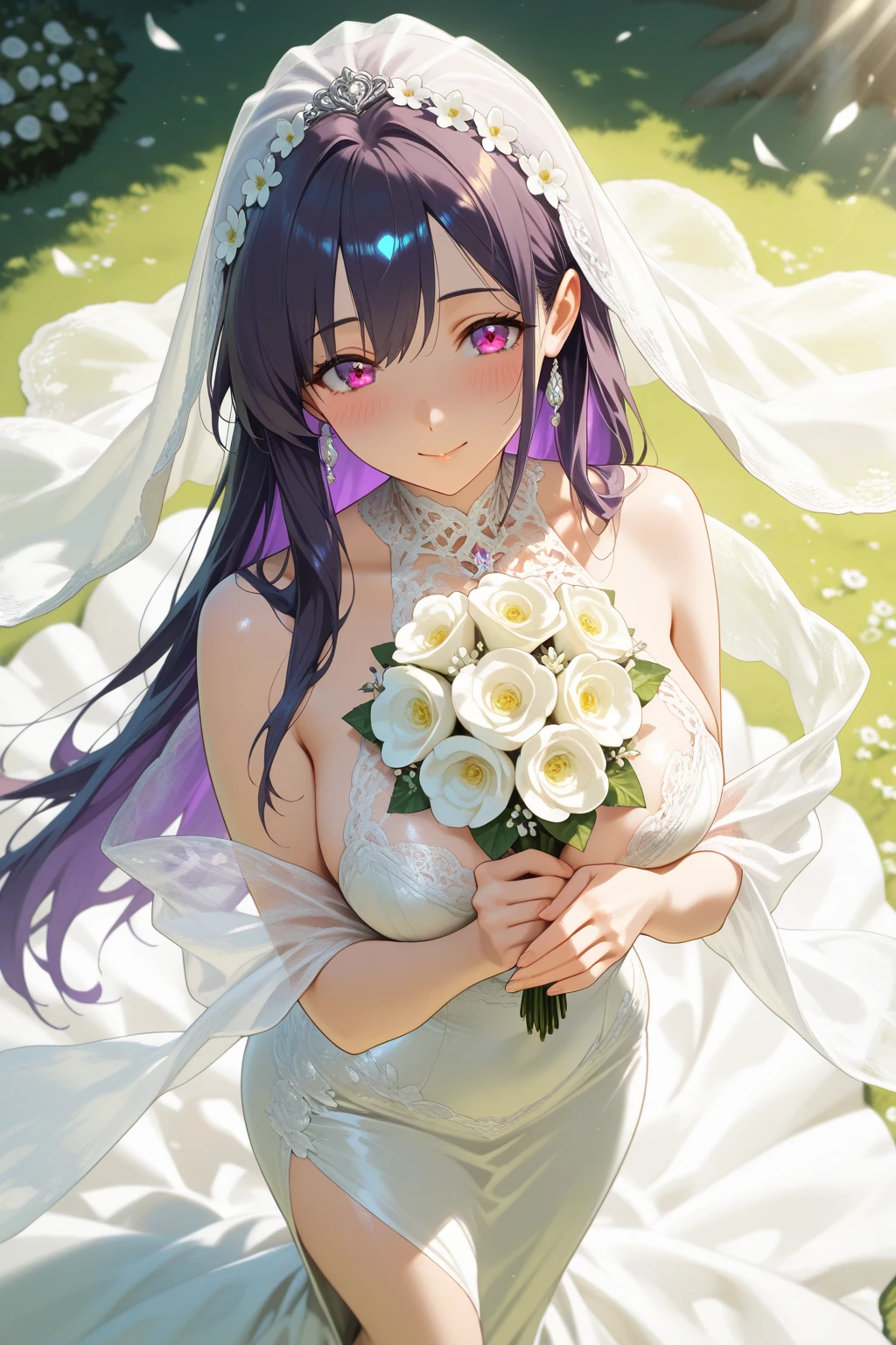 masterpiece, best quality, very aesthetic, absurdres, 1girl, mature_lady, wedding_dress,White lace miniskirt wedding dress, Holding flowers, White lace stockings, wedding hood, ,keqing,keqing(genshin impact), purple hair,purple eyes,lozenge pupil,diamond eyerings,twintails,medium breasts,bun,bang,in Desert, Desert Princess,surrounding by flowers,falling_petals, outdoors, petals,,,blur background,background defocus,