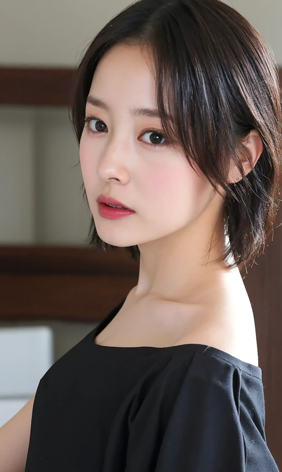 (8k、 original photo、 top quality、masterpiece:1.2)、( realistic 、 realistic )、 girls、 (black shirt with the tip of the hair、black skirt)、 short hair 、brown hair、 moderately 、curl hair、selfie、selfie、office、 lockerルーム、 locker、selfie