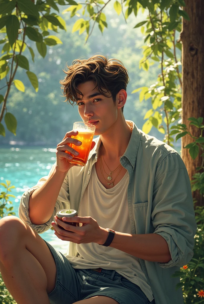 (best quality)), ((masterpiece)), (handsome as young male super star), the perfect face of young male curly hair as a Japanese super star((very handsome 25 year old Japanese)) hairy hand and cheese dress green short football pants no shirt sitting in front of the fire with teak drink a coffee show the face wild tent under the big tree in the forest near the river, background is sunrise from the Nepal mountain view with snow(((realistic 8k picture from Nikon camera with perfect shot)))