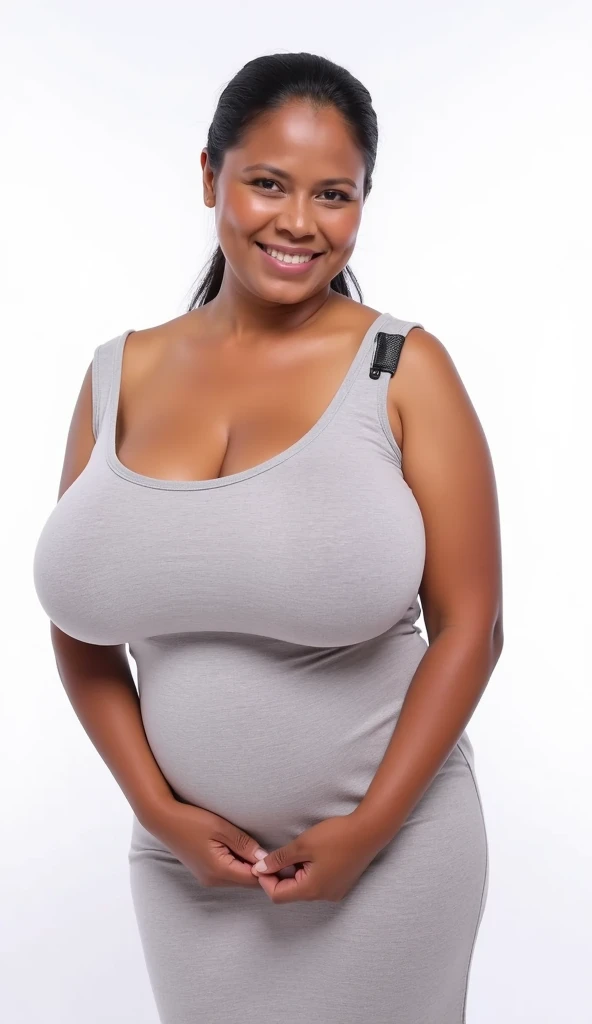 a nude woman, naturalbreasts <lora:Natural_Breasts-000010:1>, large breasts, frontal view, black hair, grey background, middle aged, navel, light nipples