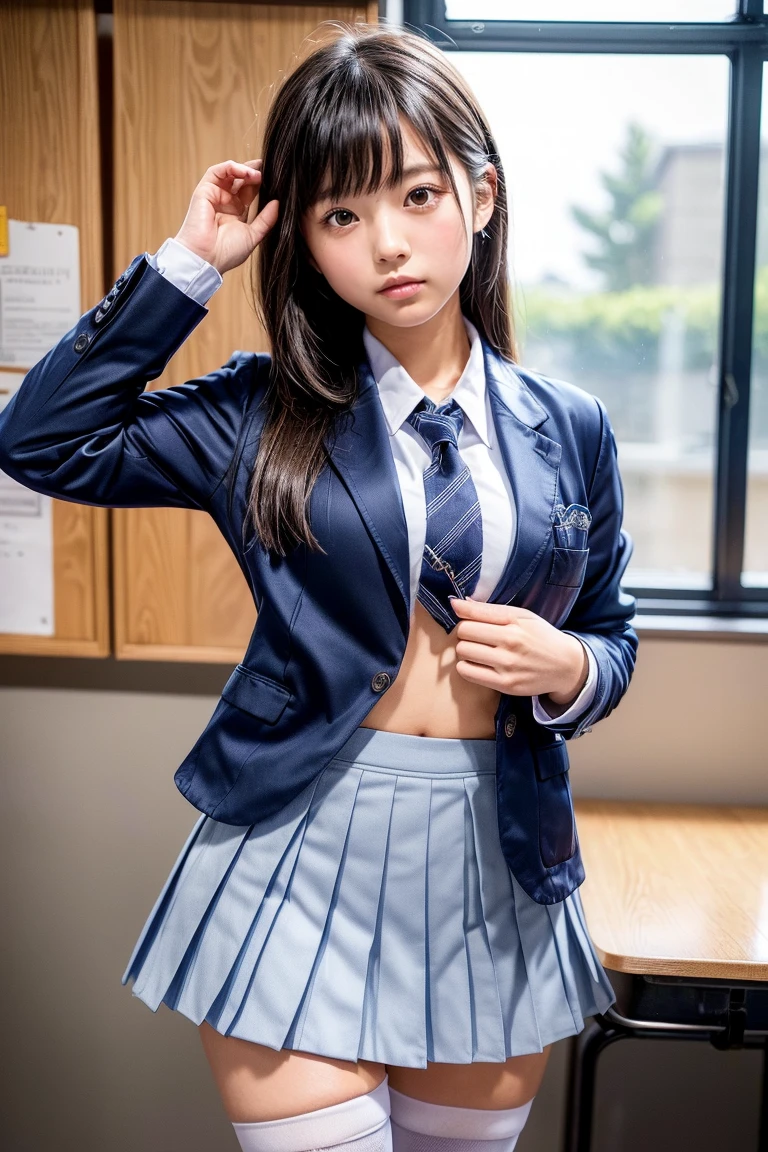 (masterpiece, highest quality:1.4), award-winning portraits, 8K, 85mm, alone, beautiful face, delicate girl, , (dark navy blazer jacket), dark navy skirt, long sleeve, violaces, gardenia, grace, Sophisticated, cute, teen, looking at the viewer, 15 years old, Raw photo, disorganized, HDR, sharp focus, A bow tie, background bokeh、(((flat 、thin and delicate body、A childish atmosphere)))、Her shiny semi-long hair is tied up、hair swaying in the wind、Mole on the left cheek、large, round, dark blue eyes、full body、random pose、Run、sprinting、Skirt fluttering in the wind、Junior idol、Nogizaka Idol、widening skirt、jump、mole under eye、sexy、
