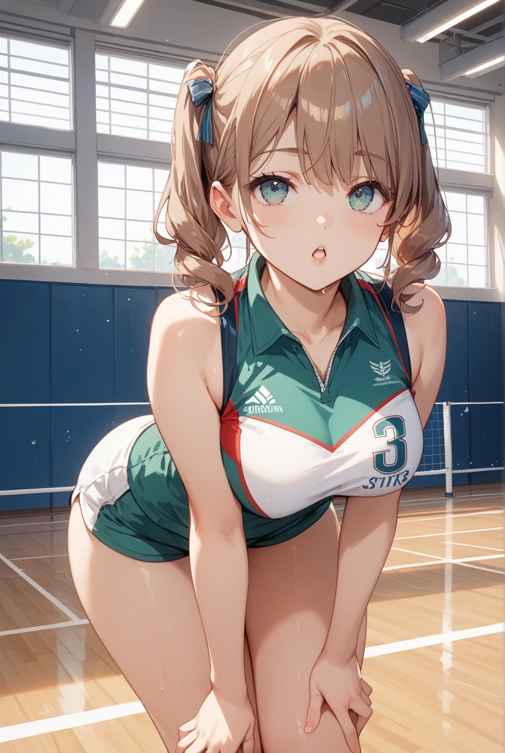 Girl with short green hair, Small size breasts,、Green Eyes, 、,Full body photo from head to toe、Volleyball Player、Volleyball Uniforms、、Uplifting、Leaning forward、、receive、diving、Desperate、Sweat
