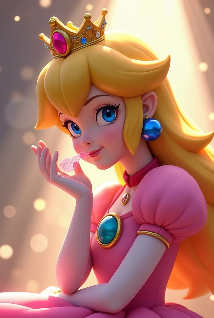 highres,bright,beautiful light,masterpiece,perfect lighting,bloom,cinematic lighting,cowboy shot,adult,choker,blue eyes,sensual,mushrooms,mushroom kingdom,(day:1.3),looking at viewer,(PrincessPeach),female,skinny,<lora:mpeachv6:0.8>,smile,pursed lips,((glossy lips)),narrow waist,perfect skin,detailed eyes,pink lips,shiny,oily skin,glossy skin,shiny clothes,
