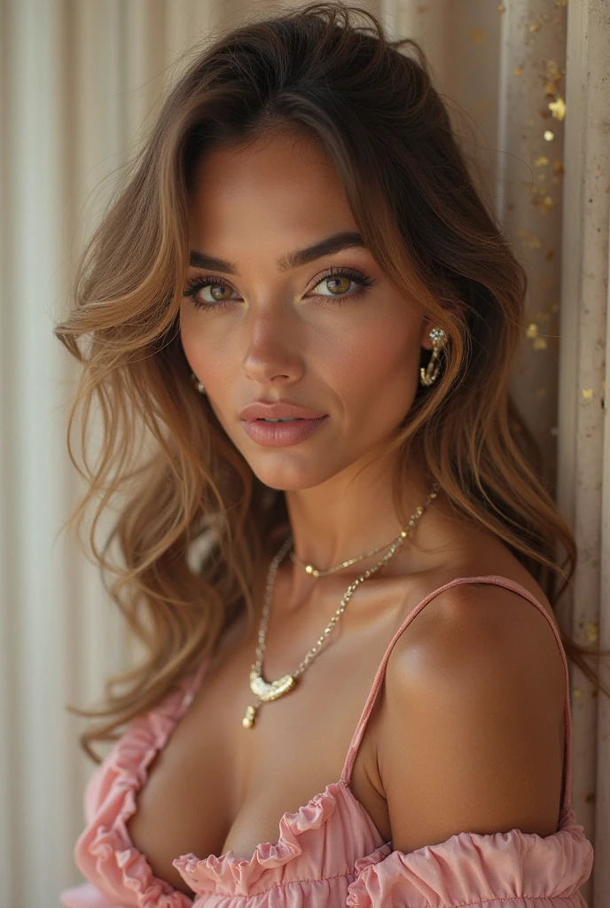 A full body photo of a Brazilian woman with long hair, wavy and light brown.
eyeballs: Big and brown.
Skinned: light brunette.
muka: Oval with highlighted cheekbones.
styled: modern and stylish, with fashionable clothes and accessories such as earrings and necklaces.
