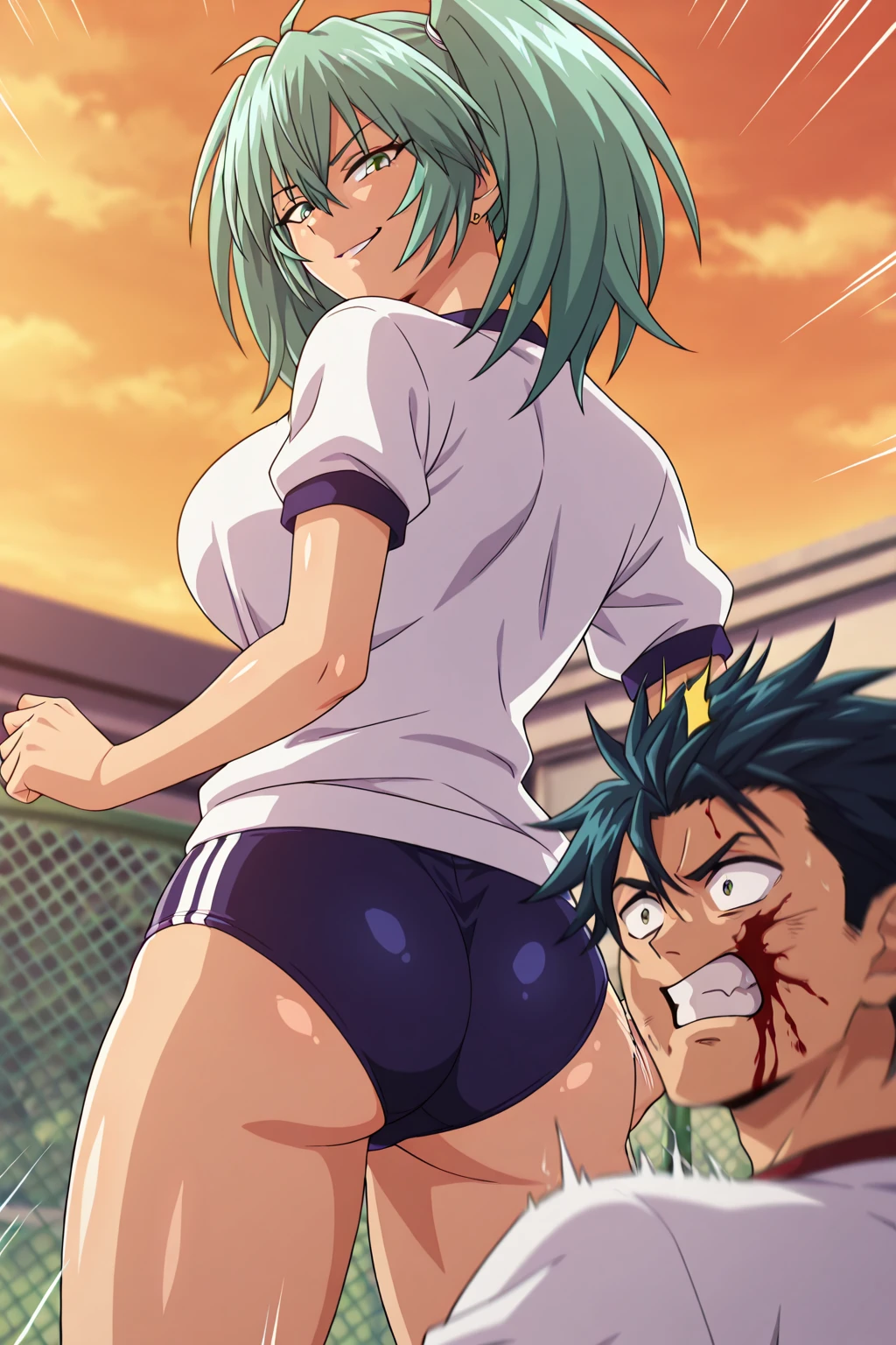1boy, 1girl, (pkmnJenny), green hair, detailed eyes, metal collar, completely nude, sweat, uncensored, large breasts, perky breasts, large areolae, toned female, fat ass, narrow waist, vivid lips), huge penis,grey-skinned male, muscular male, arched back, blushing,crying, moaning, blue brick wall, dark room, dungeon, score_9_up, score_8_up, score_7_up, high quality, best quality, retro anime style, detailed retro anime, suspended congress, legs up high, standing sex, squirting pussy, rough sex, ass grab, low angle view, full body in view,