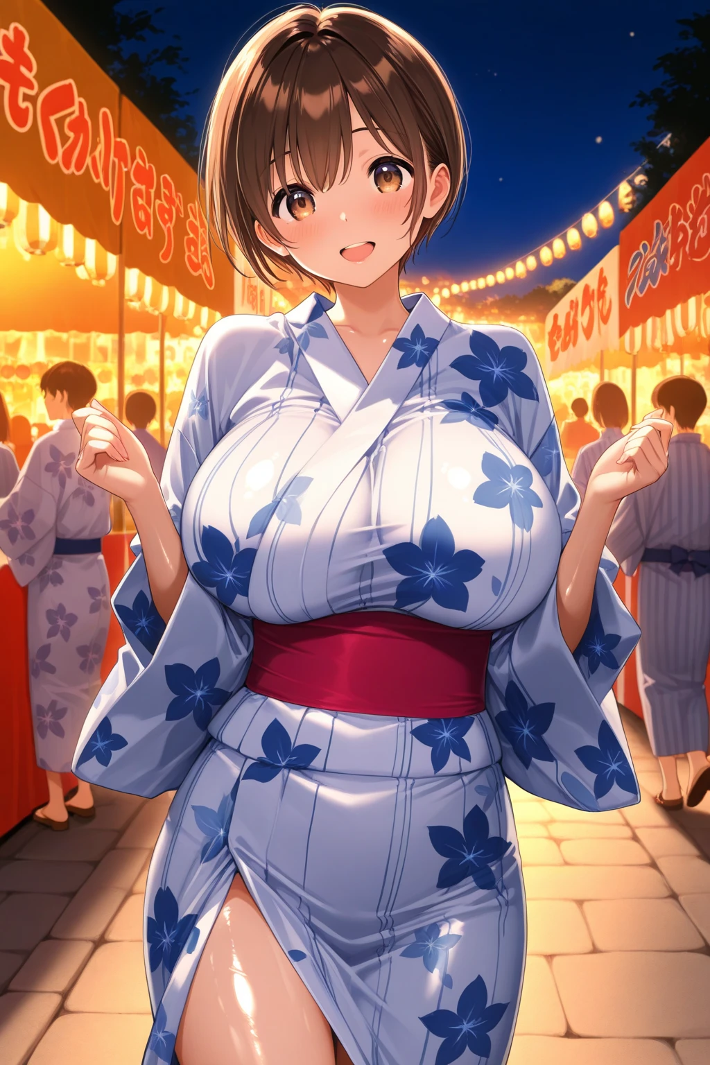 Masterpiece,Highest quality,Detailed Background,night,Fireworks seen from between the food stalls,1 Girl,Red eyes,smile,Long twin tails,Brown Hair,Eyebrows visible through hair,Flat Chest,Blue yukata,Cleavage,Nipples,upper body,behind 1boy,kiss,hetero,breast grab,steam,orgasm,
