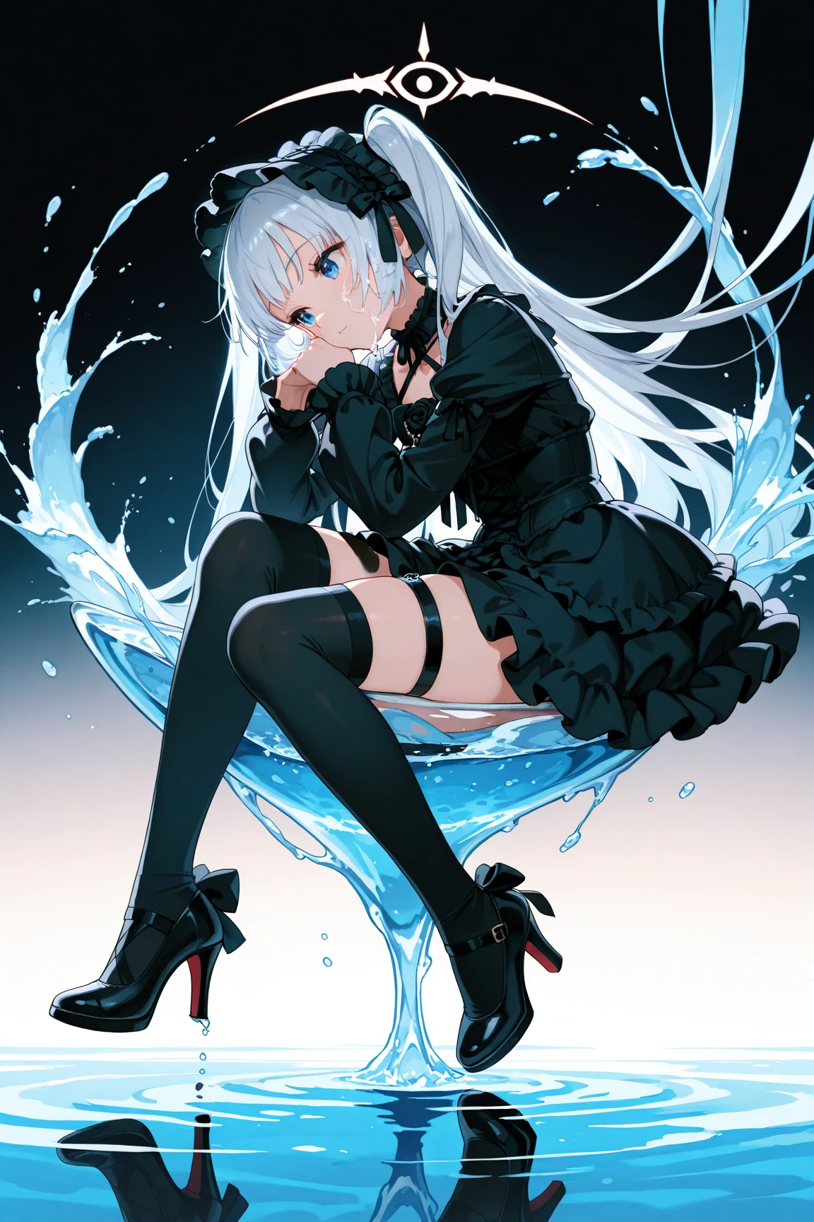 teens girl,long whitr hair,quadratic element,jk,over knee socks,blackstockings,Clothes are soaked,No shoes,white liquid on your face