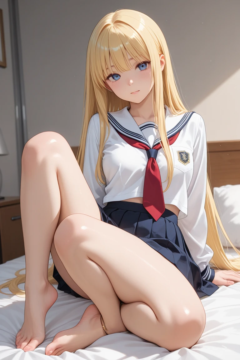blond haired woman in uniform sitting on the floor in a room, Surrealism female students, Surrealism female students, Realistic schoolgirl, Anime girl cosplay, Anime. Soft lighting, seductive anime girls, photorealistic anime, anime barbie in white stockings, 3 d anime realistic, cute female student, the anime girl is crouching, hyper realistic anime