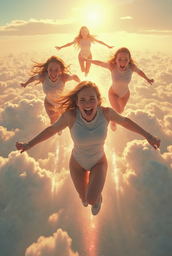 Four warrior angels ,flying over people dressed in yellow, two male angels and two female angels 