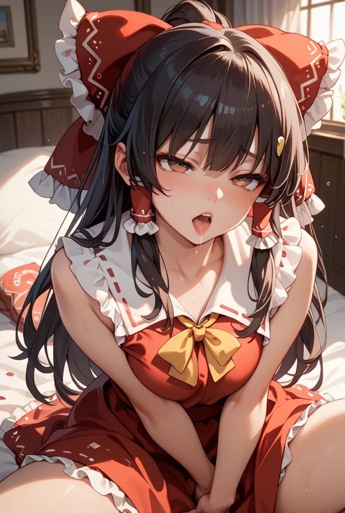 (Reimu Hakurei　Clothes、tear） (Subjective　View from directly above)　(1boys, vaginale,sex) (Bed)
