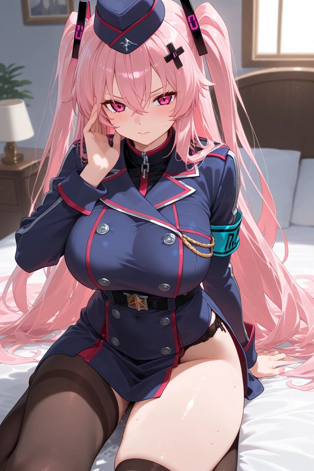 BREAK looking at viewer, BREAK (masterpiece:1.2), best quality, high resolution, unity 8k wallpaper, (illustration:0.8), (beautiful detailed eyes:1.6), extremely detailed face, perfect lighting, extremely detailed CG, (perfect hands, perfect ???????),mansion,bedroom,windows,zero two, (green eyes:1.5), hairband, horns, long hair, pink hair, red horns, white hairband,jacket, leggings, red jacket, white footwear,skinny fit,unbuttoned shirt,cleavege,neckline,bra vissible,on knees,bend over.