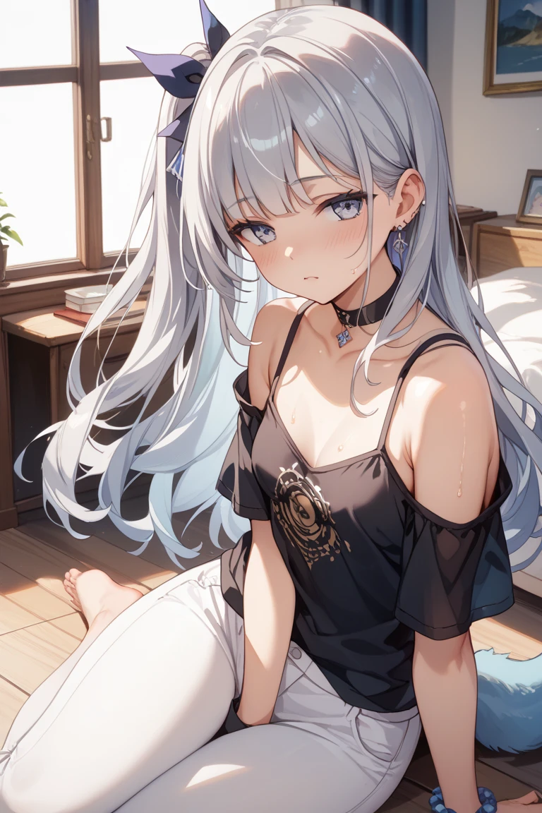 （（（highest quality、first-clasasterpiece、Normal body、8k、Detailed face、Ultra-precision、Normal hand、Normal finger、５Finger、）））Brightly colored hair、Rainbow black silver hair、Small breasts、Flexible body、Racy Sports Bra、White sports bra、Sheer sports bra、Racy white hot pants、See-through hot pants、Bite、Sweat flying、Transparent with sweat、shortness of breath、Bondage with chains、Iron Collar、handcuffs、Blindfold、Hands tied behind back、Put your hands behind your back、Open your mouth、Stick your tongue out、Chain、Ganji with chains、Collar and leash、What a great body、Crawl、Get on all fours、You are mine、You are my slave、Obey!、Pledge your allegiance、You will be my eternal sex slave.、Become a slave to pleasure、Pull on the lead、Pulling on the lead of the collar, dragging the dog around on all fours
