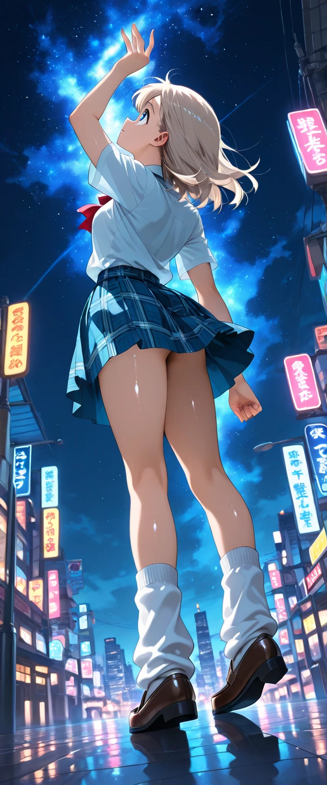 woman,20-year-old,,city,,(((white and blue tight miniskirt dress))),,open mouth smile((leather thigh high boots))(See-through),blush、surprised face,,((look back))(wet with sweat)Reflecting the buttocks