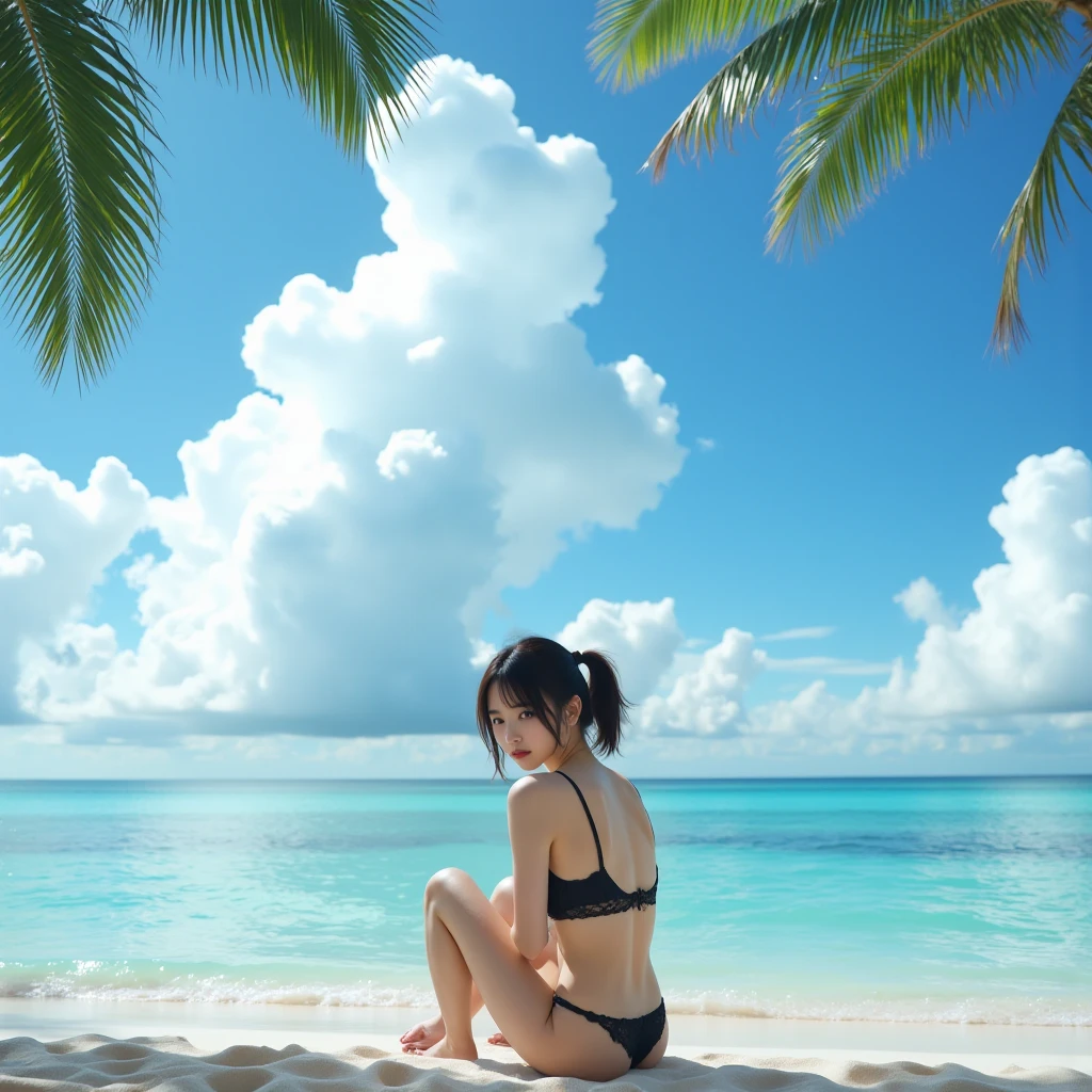 after the storm、South Island Beach、Drifting and drifting、A Japanese woman in a swimsuit waiting for help、Sit with your knees hugged、I can see his profile looking out to sea.