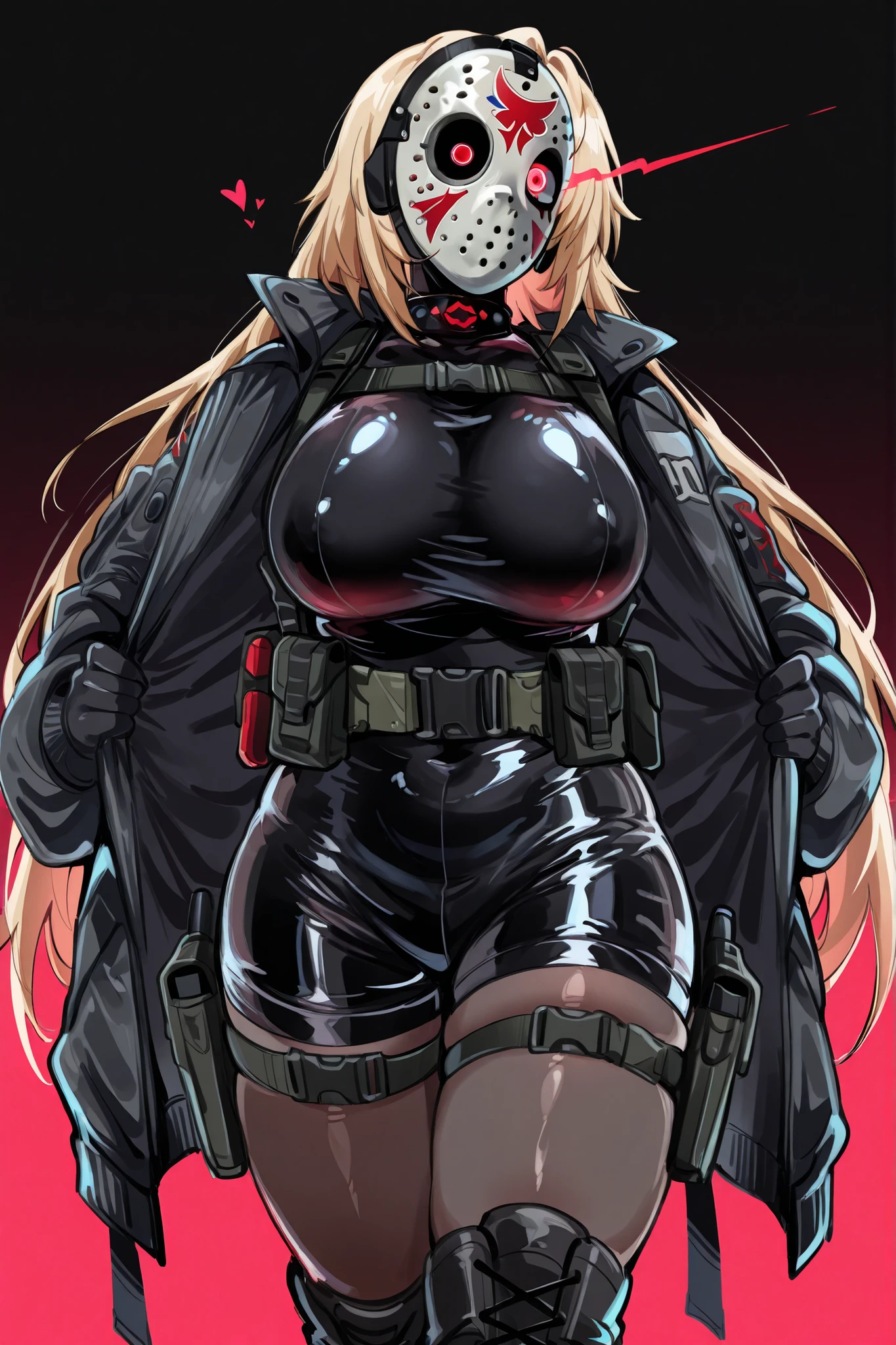 kurenaiz, masterpiece, ultra highres, best quality, 1girl, hockey mask with asymmetric eyes, one glowing red eye, one dark empty eyehole, full-body skintight latex suit, black sleek bodysuit, skin-tight material shine, tactical harness straps, utility belt, thigh holsters, oversized jacket worn open, high-waisted tactical shorts, combat boots, detailed equipment