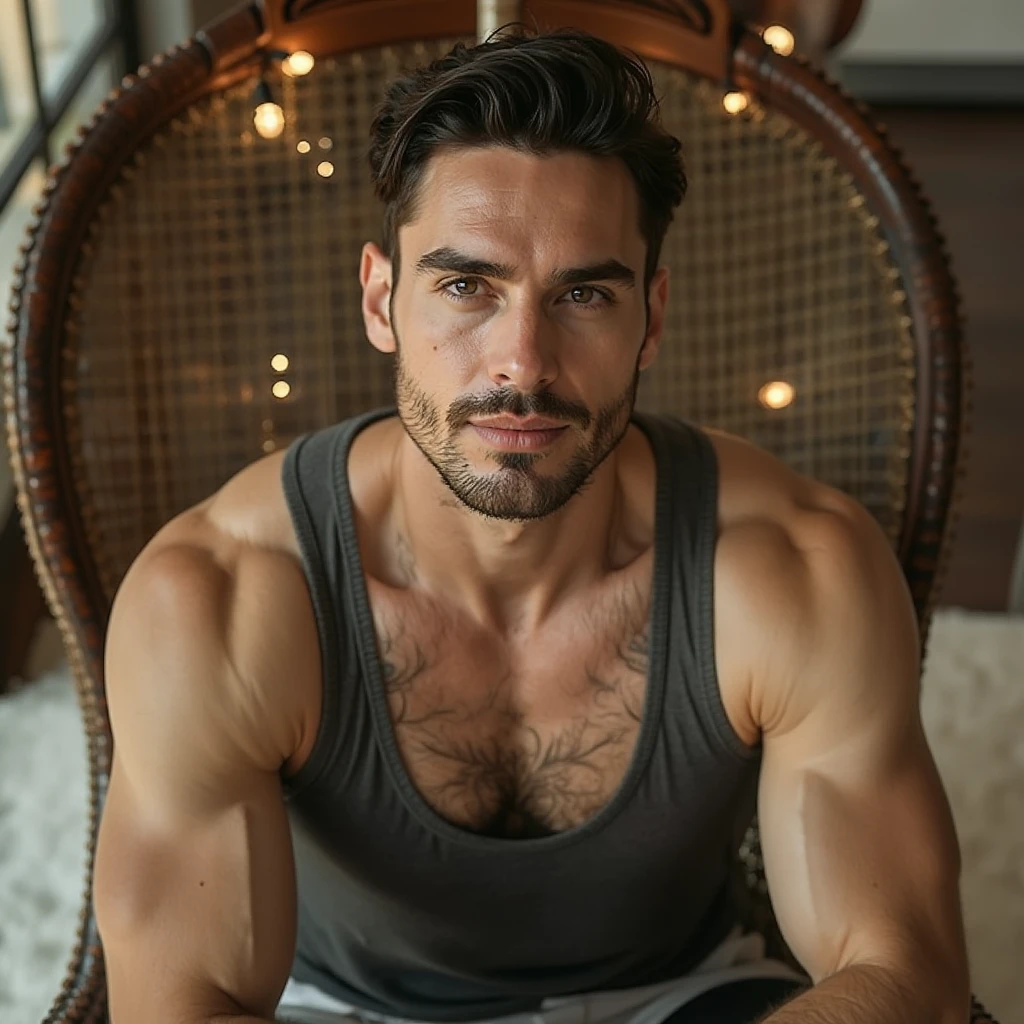 A sexy ceo sitting in his expensive chair, a big potrait hanging in the wall behind him, seductive expression, homoerotic 