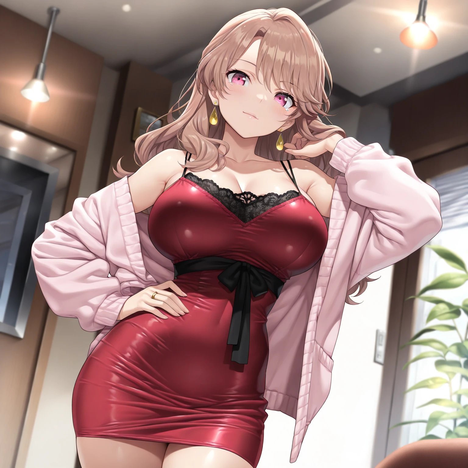 masterpiece, yor, 1girl, Bust A Cup, Amazing Cleavage:1.0, thin waist, big ass, Raised sexy, medium breast: 1.3 posed cleavage:1.2、solo, looking at viewer, open mouth, black hair, red eyes, dress, bare shoulders, jewelry, collarbone, sidelocks, hairband, earrings, indoors, off shoulder, :o, sweater, arms behind back, plant, short hair with long locks, white hairband, off-shoulder dress, sweater dress, off-shoulder sweater, red sweater, big side hair, very long side hair,is rendered in (masterpiece: 1.2, best quality), with (ultra high resolution) and an exquisite (depth of field). This masterpiece is not only visually stunning but also tells
