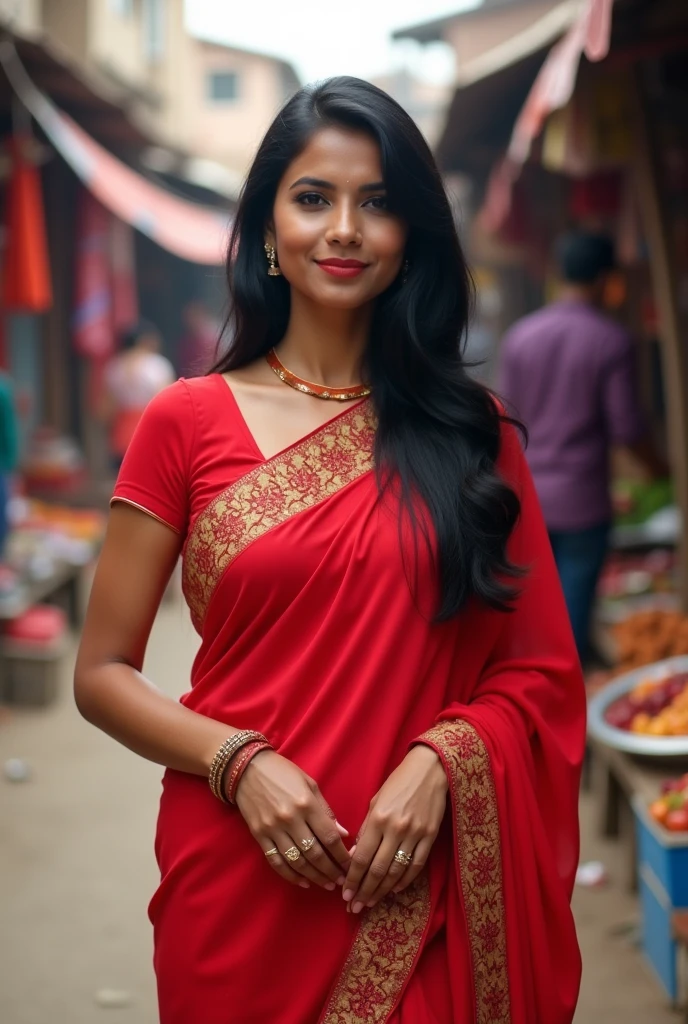 photo of Indian girl, ((( girl wearing red saree ))), Cleavage,Indian,perfect eyes, dusky skinned girl, curvy_hips, chubby, sexy_body, Wide cleavage, seductive_pose, slavery, village girl, farming, standing in fields,Saree