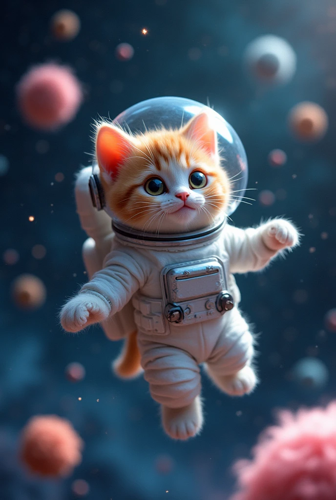 NASA A cute smiling kitten wearing a white spacesuit unfolds、flying around and investigating dark, different dimensional outer space, An excellent kitten is investigating a dark, different dimensional outer space, An unknown, dark, and colorful, big and small furry planet floating in outer space in another dimension、A portrait that captures the depiction of an adventurous dark, different dimensional outer space where astronauts with kittens play an active role {x} An astronaut with a cute smile on the back of a spacesuit Flying around in a dark, other-dimensional outer space, Expressing the dynamic movements of kittens and the quiet state of the planet with agile and accurate maneuvering、A macaron shaped moon with colorful macarons Illuminating a smiling kitten astronaut, A spectacular and cute dark background in a different dimensional outer space with scattered feather planets, Magnificent and cute alien space backgrounds scattered by furry planets, A dynamic and vivid depiction of a kitten in a white spacesuit unfolding, An adventurous depiction of a dark, different dimensional outer space where astronauts with kittens play an active role, city background designed by Pixar Animation, 