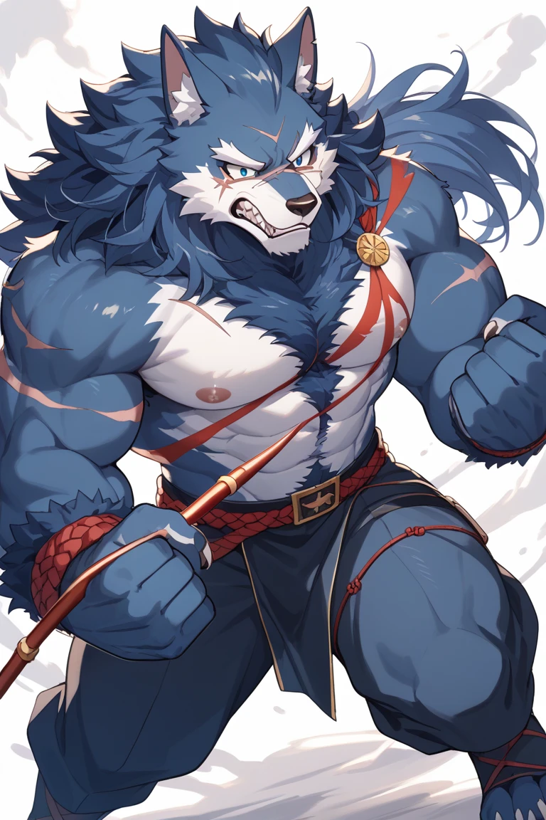 A very muscular, werewolf, chestnut hair, blue eyes, attractive, shirtless, with long, loose hair, who is flexing his biceps and is really attractive and is only in his underwear.