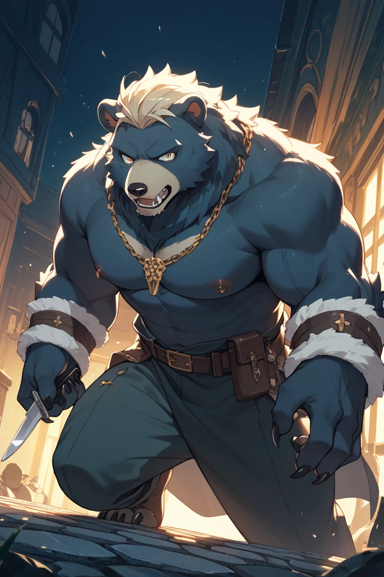 solo, 1man, furry, fur taur, Huge Muscular Old Grizzly Beartaur, chubby, thin belt, belly(white), brown fur, detailed face, black nose, bear ears, detailed taur body, detailed bear paws, detailed bear tail, cloak, standing, Gotham background, masterpiece, high detailed, 8k, high resolution