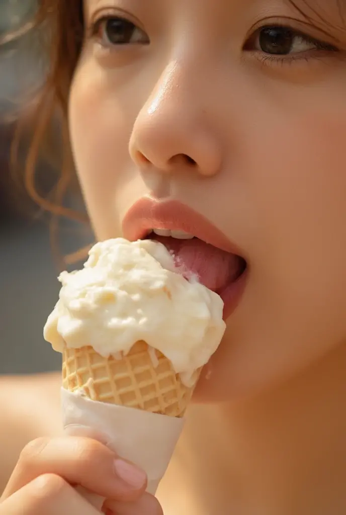 best quality, masterpiece, ultra high res, 8K, raw, (photo realistic:1.4), sharp focus, 1 girl, (detailed background:1.5), full body, day time, detailed clothes, black, holding, food, tongue, eating, licking, ice cream, ice cream cone,
