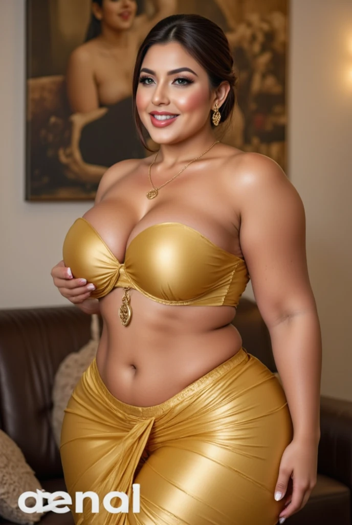 extreme close up photo of 30 years old naked nayanthara, hourglass figure, swooping breasts, deep cleavage, curvy, armpits, seductive eyes, ass, look at viewer lusciously, subtle smile, doing push ups hold onto a terrace rail on 100th floor in sky city, necklace, yellow satin silk saree, red lips, sultry, ponytail, 4K, HD