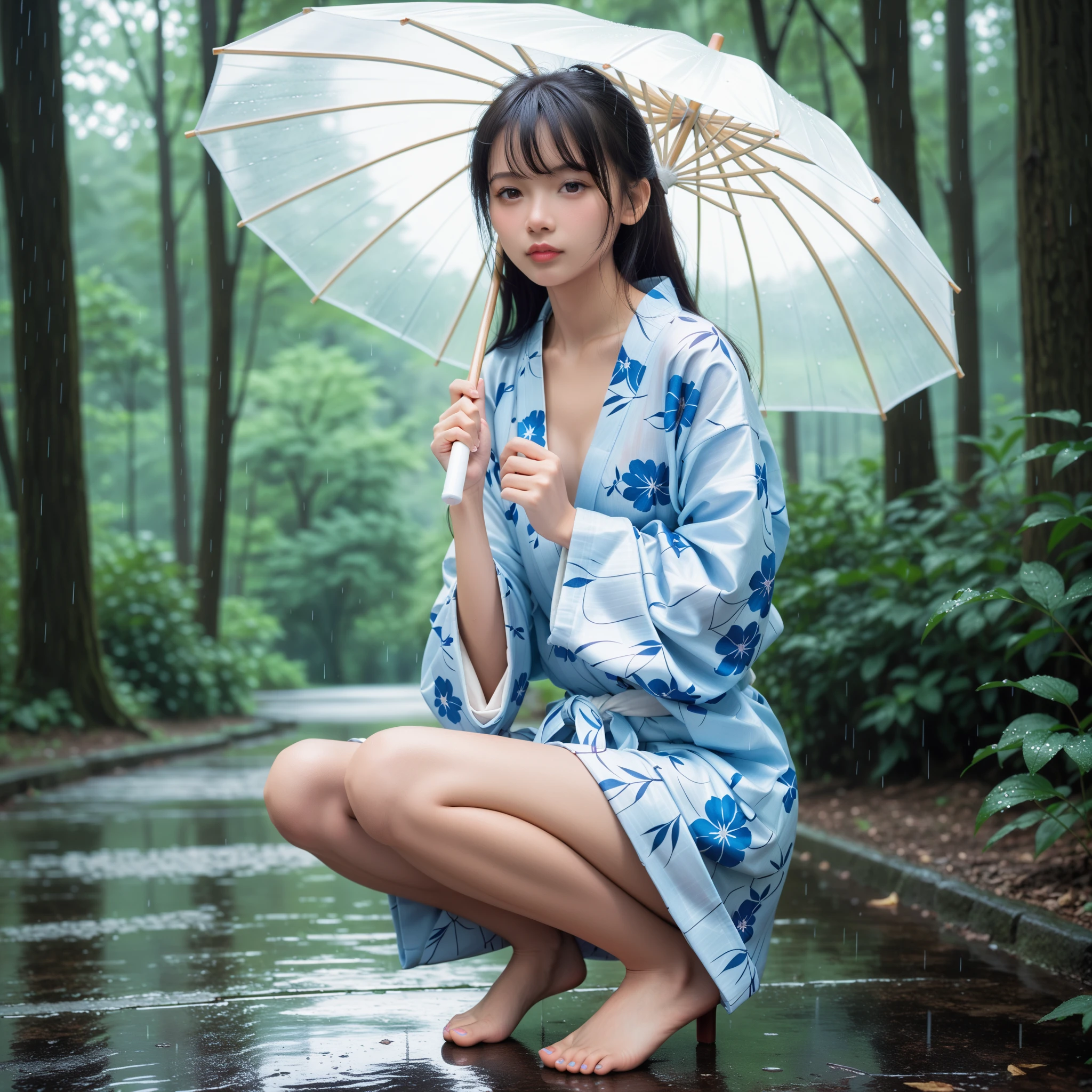 ((Ultra high quality photo)),(Smooth and delicate image)),((18-year-old beautiful girl in a yukata))), The place is a shrine festival where it rains,((The girl is wet in the rain)),(Looking here)),((Wearing no underwear)),(((The chest is visible))