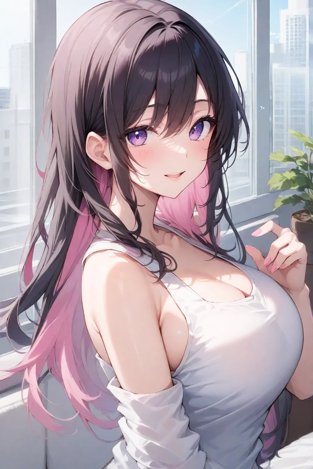 (masterpiece:1.3), (absurdres:1.3), (best quality:1.3), hand of Guido Daniele, (ultra-detailed:1.3),(best shadow:0.7), (handled hair),
1girl, solo, azki_(hololive), azki \(hololive\), large breasts, multicolored hair, pink hair, purple eyes, black hair, hair between eyes, long sleeves, x hair ornament, bangs, bracelet, very long hair, streaked hair, hairclip, black tank_top, short_shorts, black choker,
downblouse, extended downblouse, on bed,
BREAK indoors, bedroom, window, light_particles,
