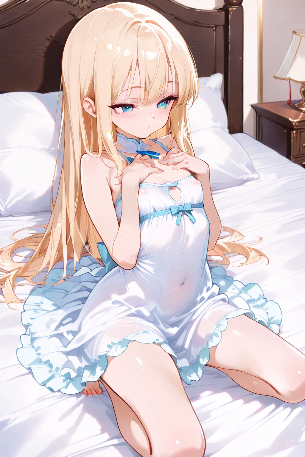 Score_9, score_8_up, 4k, 8k, detailed face, source_anime, smug princess girl with small breasts, young girl, skimpy outfit, ass, pert ass, thick thighs, presenting ass, blonde hair, long hair, princess panties, open mouth, hot breath, panting, moaning, blush, blushing heavily, happy, enjoying, ((heavy blush)), elegant white dress, solo, 