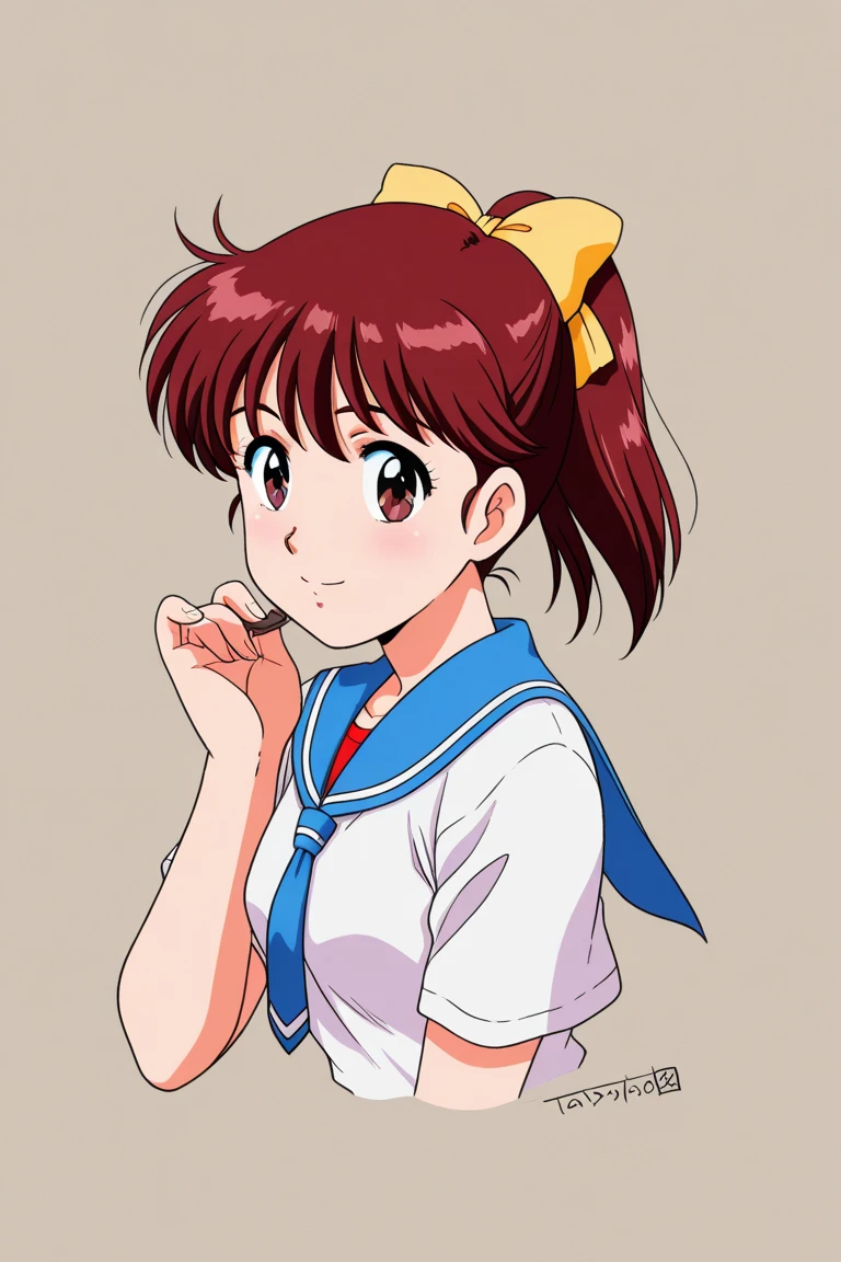 open your mouth,(A masterpiece of the highest quality:1.4),anime,1 girl, alone, ruffle dress, leotard, white background, nude, looking at the vie, simple background, Upper body, bandana, brown eyes,Mikimoto Haruhiko style illustration,smile,,Noriko Takaya,1 girl, ？medium hair,brown hair,brown eyes タカヤノリコ, open mouth, red short hair, bangs, blush, Hair headband, hair intake, smile, side lock, bow, new year, hair