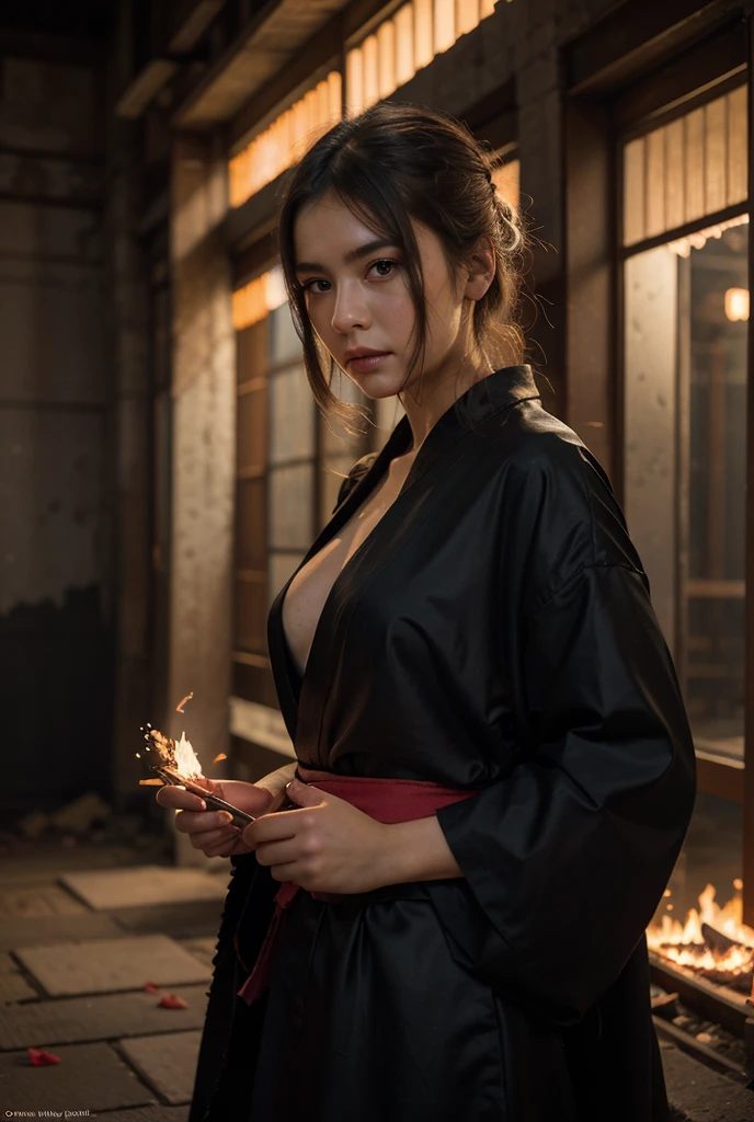 Anime art, It is a full-body painting with natural colors with Katsushika Hokusai-style line drawings.。Kengo、1little girl、Japan Female Samurai。Rin々With a look of determination,、Long black hair and ponytail、The upper body is covered in a red kimono.、Hakama is Hakamajo。Japan holding a sword in both hands。Raising the arm above the head and trying to cut it off from the top of the head。With the highest quality、In the swirling flames of masterpiece high-resolution ukiyo-e style。beautiful countenance、beautidful eyes、detail portrayal、anime style, volumetric lighting, 8k wallpaper