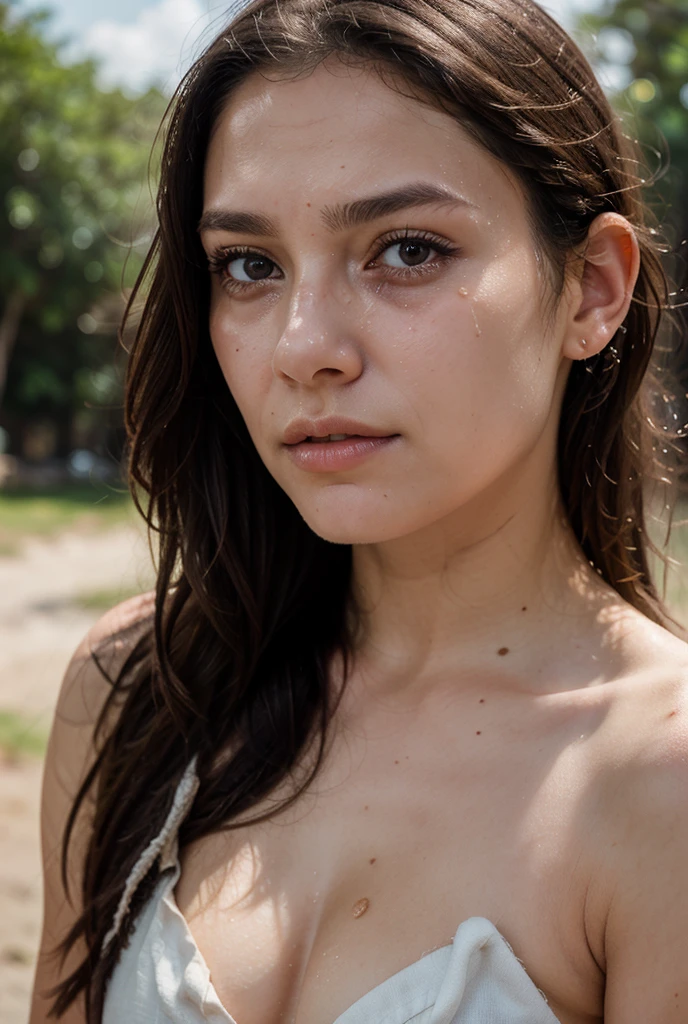Un portrait photoréaliste d'une Colombienne de 25 ans aux cheveux longs, cheveux noirs flottants et yeux sombres frappants. Elle devrait avoir un naturel, expression accessible et être illuminé par la douceur, soleil de l'heure d'or. L'arrière-plan doit être un décor extérieur pittoresque, peut-être un parc ou une plage ensoleillé. Capturez cette image avec une photo haute résolution à l'aide d'un objectif 85 mm pour une perspective flatteuse. faire du sport face caméra 