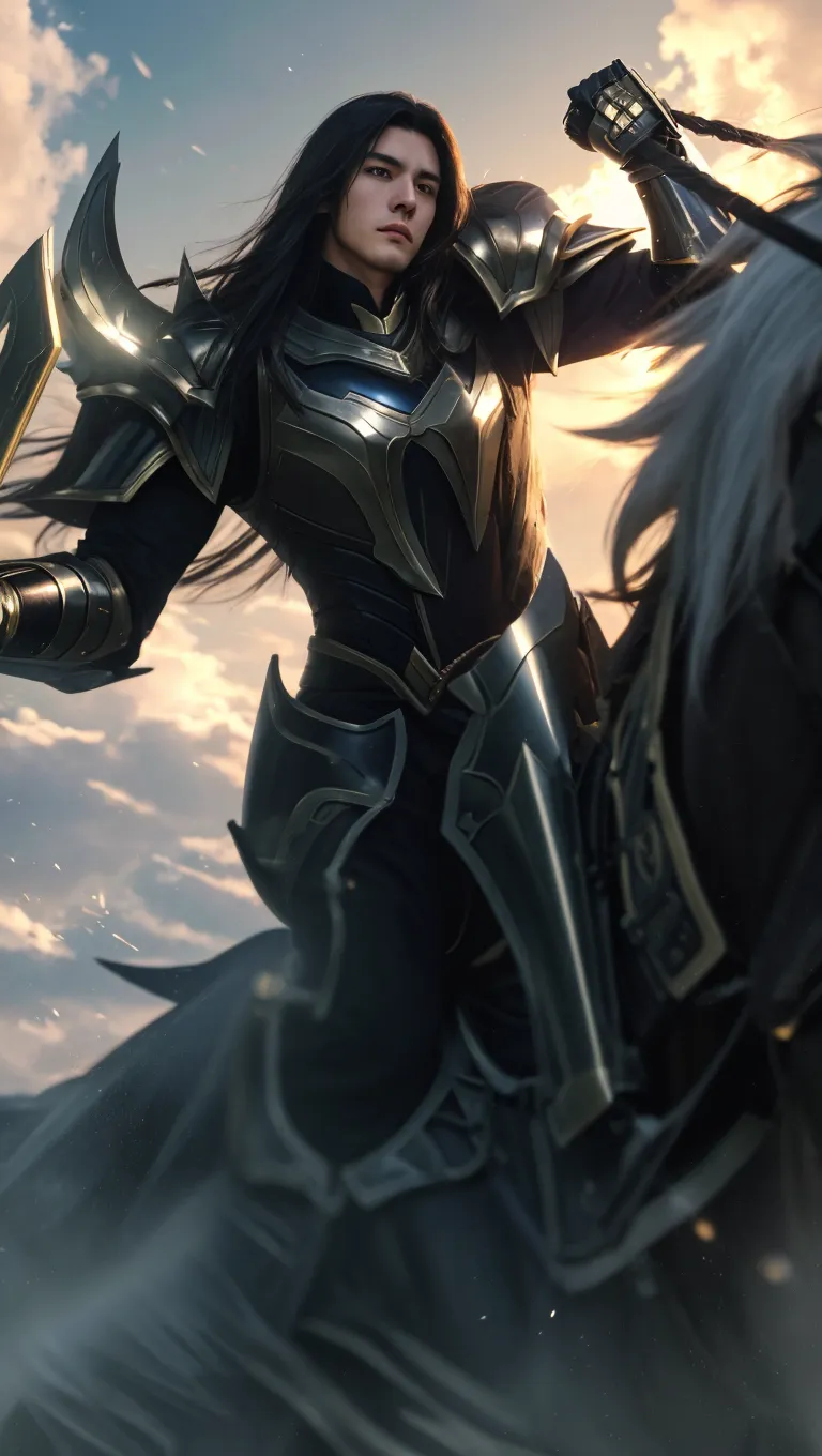 a man in armor riding a horse, black long hair, handsome, male knight, detailed armor, medieval fantasy, highly detailed, epic, cinematic, dramatic lighting, intricate details, photorealistic, 8k, best quality, ultra-detailed, (realistic:1.4), (photorealistic:1.3), (cinematic:1.2), dynamic pose, heroic, rugged features, determined expression, powerful steed, lush environment, castle in the background, cloudy sky, sunlight rays, volumetric lighting, depth of field
