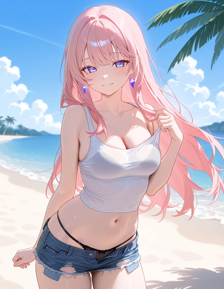  1 girls, long Hair, pink hair, cute white underwear, cute white bikini, smile, A beach with lots of people, ((32K)), ((best quality)), ((ultra high res)), ((HDR)), ((uhd)), ((extremely detailed CG)), ((unity 32K wallpaper)), ((perfect anatomy)), (cowboy shot),