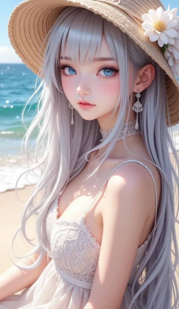 pretty young girl wearing a funny hat sitting on a beach, 1girl, solo, long hair, barefoot, hat, jewelry, beach, flower, nail polish, sitting, toenail polish, day, braid, hair ornament, very long hair, outdoors, toenails, palm tree, purple eyes, ocean, swimsuit, (best quality, 4k, 8k, highres, masterpiece:1.2), ultra-detailed, (realistic, photorealistic, photo-realistic:1.37), through bangs, beautiful detailed(eyes, lips), cute face, vibrant colors, natural lighting, dynamic pose, intricate details, detailed facial features, long eyelashes, full lips, cinematic, fantasy, adventure