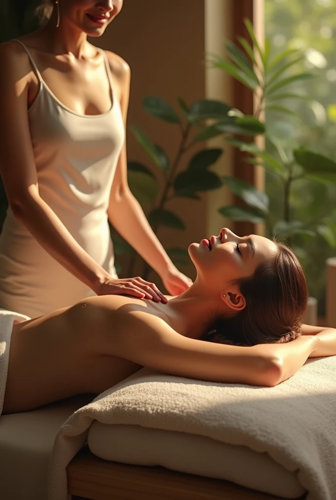 A woman lying face down receiving an oil massage