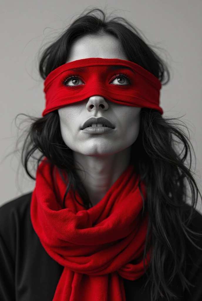 a woman with red blindfold