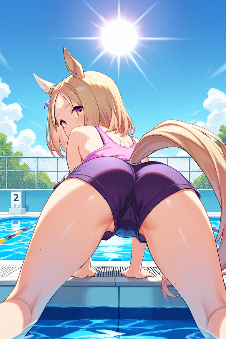 Masterpiece, Best Quality, extremely detailed, cheered up, Cat ears girl ,night pool,high waist bikini,SMILE,:d,action,ass focus