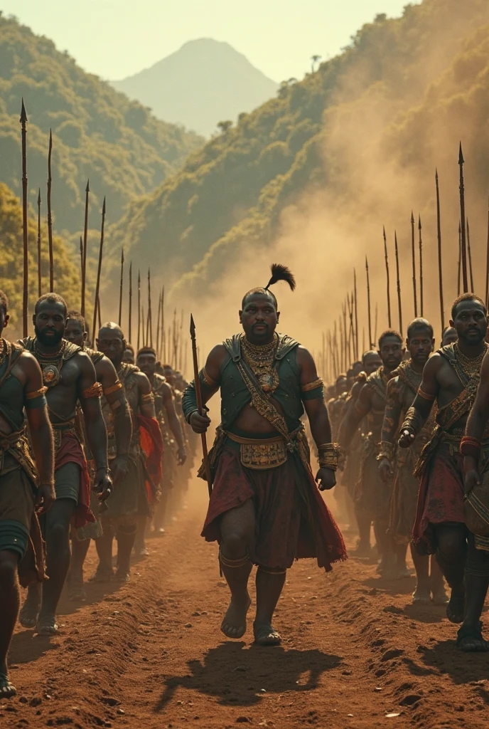 A battle scene with Ngungunhane's troops fighting against various tribes. The tribesmen are dressed in distinctive traditional clothing that differentiates them from Ngungunhane’s forces. The clash of cultures and weapons is evident in the confrontation."