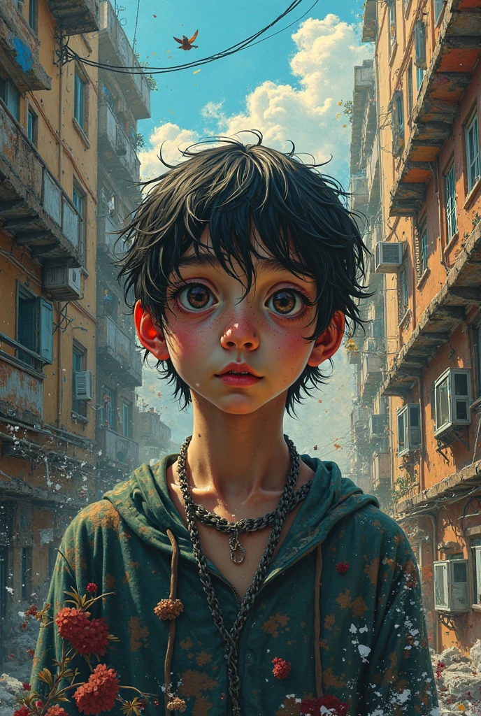 (high quality, 4k, HdR) 1 child , graffiti artist, has, urban clothing, , beautiful colors in the sky, with gangs in the city, large-scale harmonious city, pants. (masterpiece, Ultra-realistic professional lighting, ultra-thin 8K, fine detailed background texture, sharp face with perfect strokes.