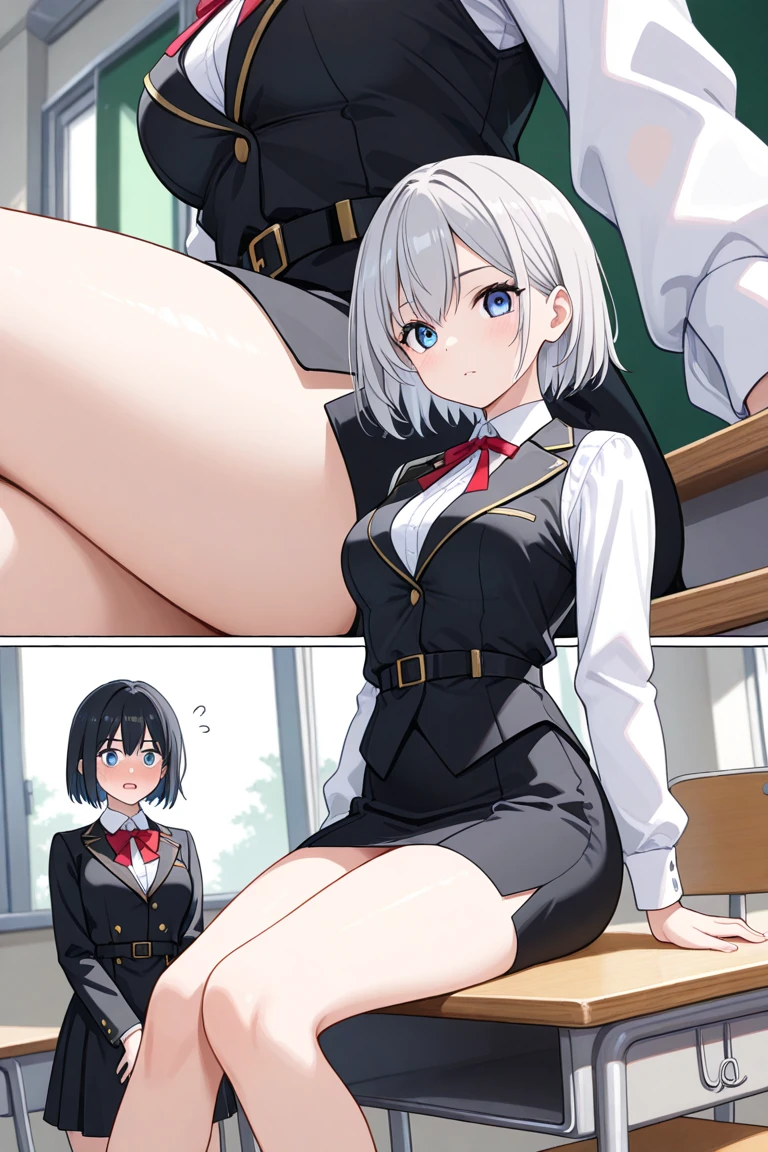NSFW,(One girl:1.5),miorine1、miorine rembran、Asticasia uniform、solo、Long Hair、Grey Eyes、Grey Hair、Ahoge、Seamed legwear、green micro mini skirt、tie、bangs、Hair between the eyes、Black Pantyhose、Long sleeve、Green jacket、Floating Hair、赤いtie,(Perfect hands),(Perfect Anatomy),(masterpiece),(Highest quality),Embarrassed,blush,(train:1.8),(Being molested:1.5),(Sexual pleasure:1.7),Have patience,Are standing